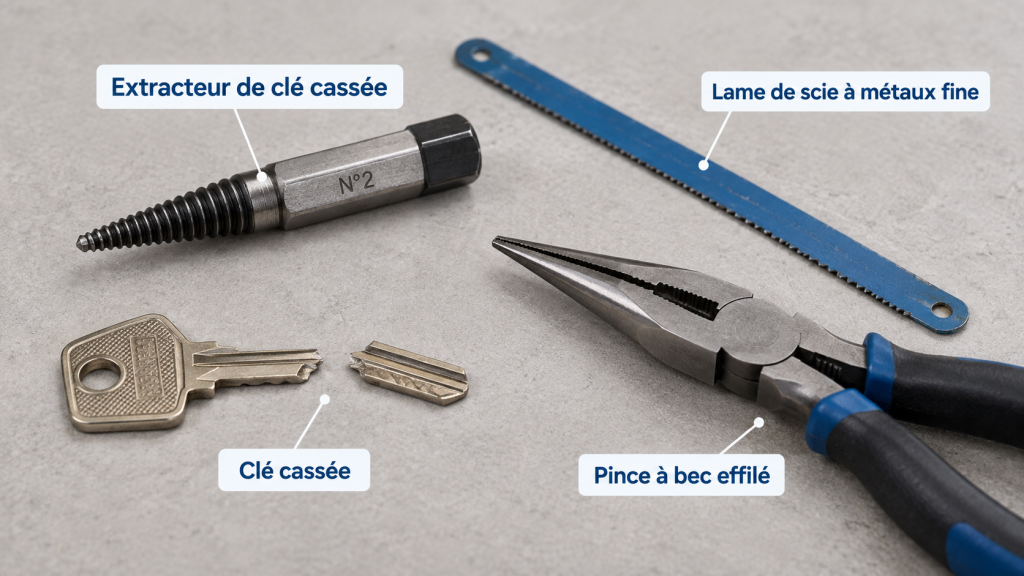 Extracteur de clé cassée, lame de scie fine et pince à bec effilé