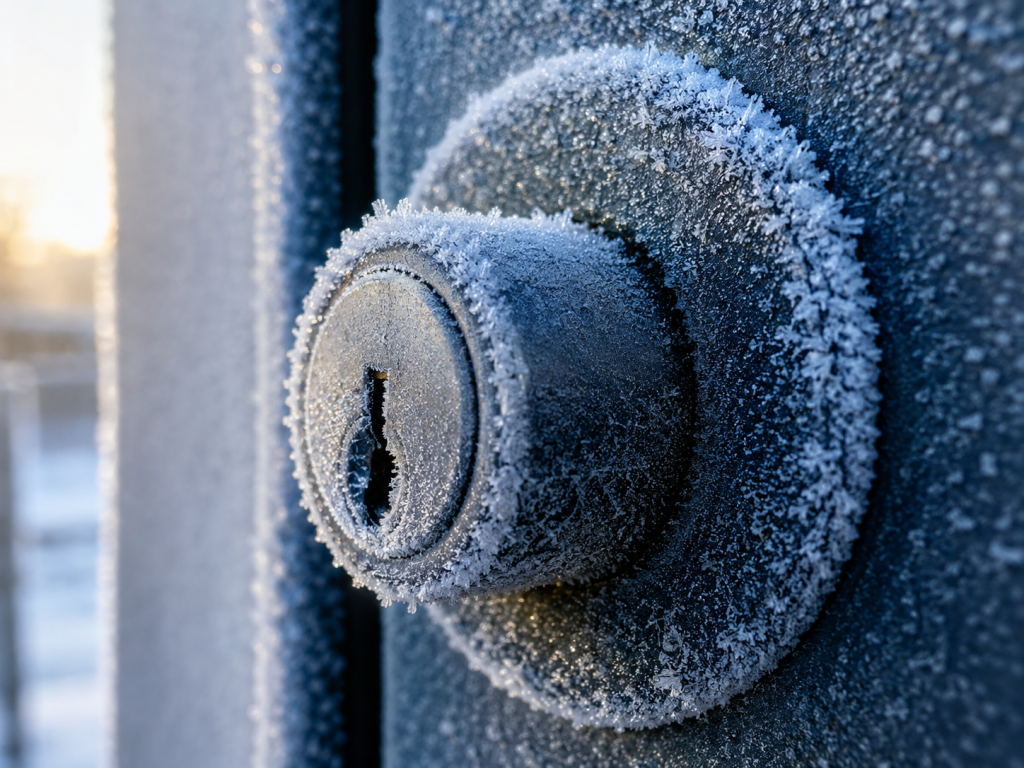 Cylindre de serrure extérieure pris dans le givre